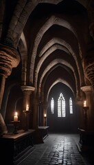 Fototapeta na wymiar Castle forest, Gothic setting with candles, dark and creepy background, fantasy game, generative ai, generative, ai