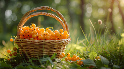 Naklejka premium Golden Gooseberries in Woven Basket, Rustic Harvest Glow