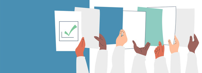 Hand with ballot or Election Day people group vote for democracy, vector illustration. Multicultural citizen exchange idea. Voter with paper. Referendum, cultural communication, politic collaborate