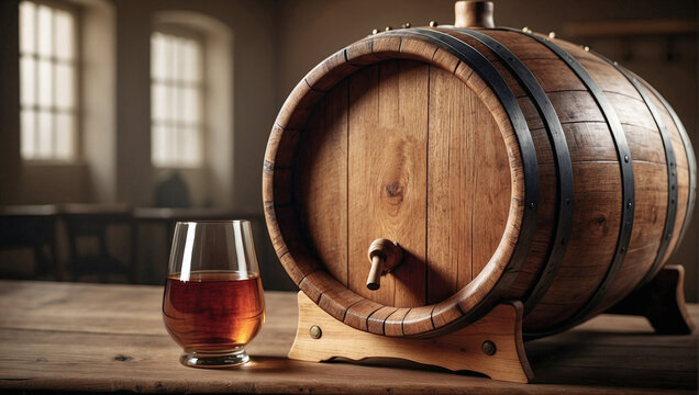 Oak barrel for aging wine, whiskey, brandy on a wooden background.