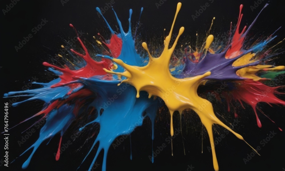 Poster intense collision of colorful paint droplets, creating an abstract and energetic composition on a da