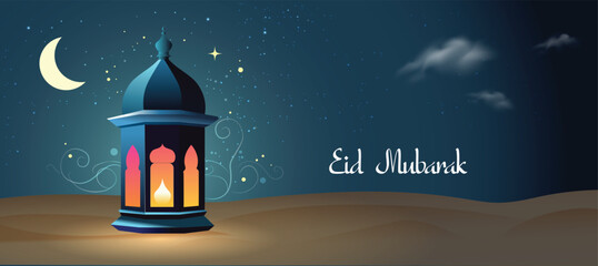 Ramadan lantern with moon on desert night glowing sky Eid Mubarak typography vector poster - obrazy, fototapety, plakaty