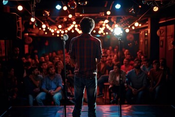 A man is standing in front of a microphone addressing a crowd of people in an intimate setting - obrazy, fototapety, plakaty