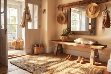 A rustic wooden bench sits under a mirror in a room with a woven rug and hooks holding hats