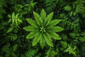 Fototapeta na wymiar A dense forest setting showcasing a vibrant green fern with numerous leaves, capturing its symmetry and natural patterns from an aerial topdown perspective