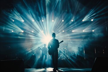 A person energetically plays guitar on a stage filled with colorful lights during a concert - obrazy, fototapety, plakaty
