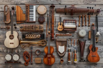 Array of various cultural musical instruments displayed on vintage wooden wall