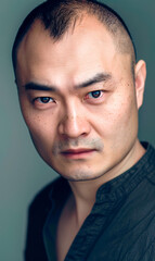 Obraz premium photo of a serious expression asian man face with receding hairline, front side, passport portrait. headshot looking at camera on flat background.