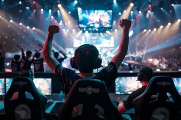 An emotional frontview shot of an esports player raising their arms in victory after a winning match with the rest of the team - obrazy, fototapety, plakaty