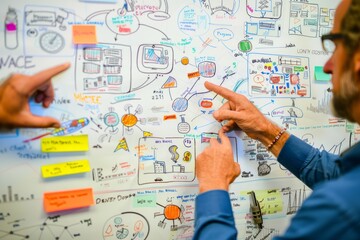A man points at a digital whiteboard filled with flowcharts, graphs, and bullet points, accompanied by sticky notes in a collaborative team environment - obrazy, fototapety, plakaty