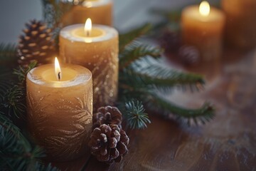 A group of lit candles illuminating a wooden table, surrounded by evergreen branches and pine cones