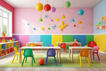 Colorful kindergarten class without childs ,school desk,chair,toy and decoration on background wall- 3d rendering - obrazy, fototapety, plakaty