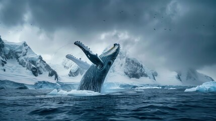 A powerful humpback whale is captured mid-leap, its massive body suspended in the air above the ocean, showcasing its incredible strength and agility. The spray of water surrounds the whale, adding to
