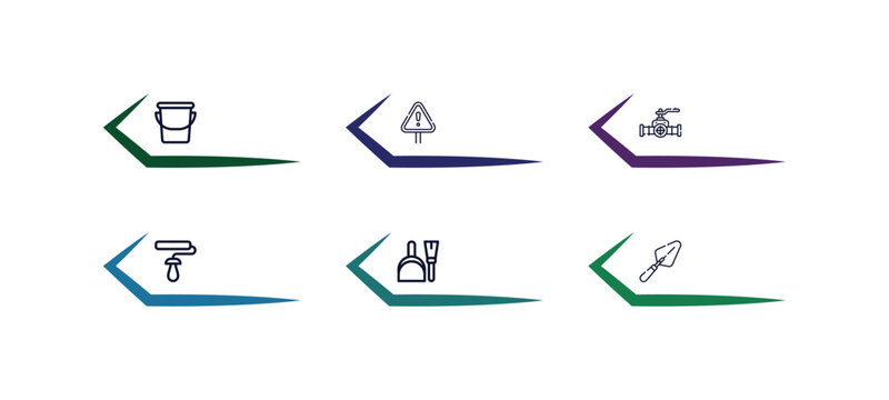 outline icons set from construction tools concept. editable vector included bucket, warning, plumbing, paint roller, dustpan and brush, trowel icons.