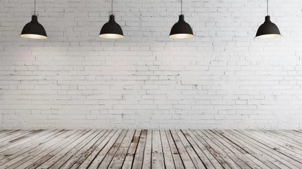 Poster Contemporary Minimalism: Empty Space with White Brick Wall and Pendant Lights © Farnaces