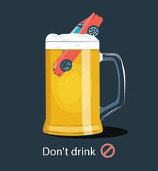 Concept illustration of the harm of drinking alcohol while driving. A mug of beer and a broken car. Vector flat style illustration..