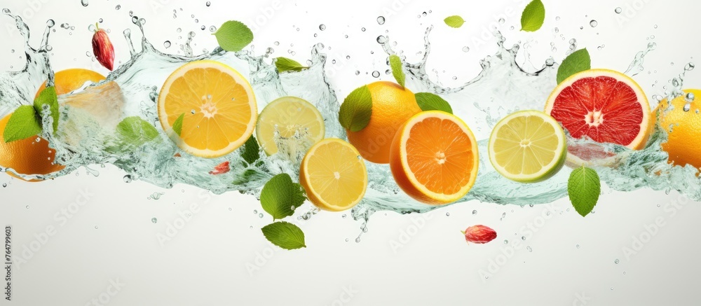 Poster assorted fresh fruits with vibrant colors and a dynamic water splash, showcasing a refreshing and he