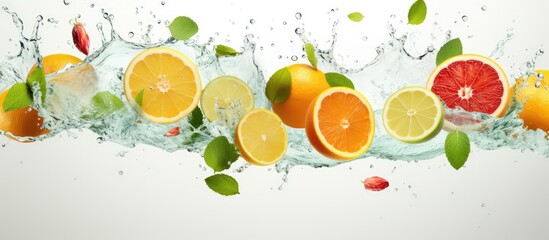 Assorted fresh fruits with vibrant colors and a dynamic water splash, showcasing a refreshing and healthy concept