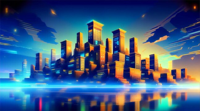 Vibrant, stylized illustration of towering city buildings with a dramatic sky overhead and calm ocean reflecting the scene.