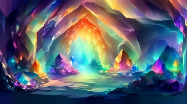 A vibrant illustration depicting a magical crystal cave with a spectrum of luminous crystals.