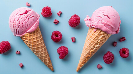 Waffle cones with delicious ice-cream and raspberries berries on the blue color background.