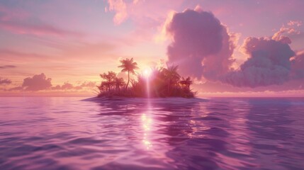 Pink Sky and small island sits in the center of a body of water, surrounded by clear blue water. The island is covered in lush green vegetation, and a few trees dot the landscape.