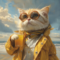 The cat rests on the seashore on a sunny day and drinks a cocktail