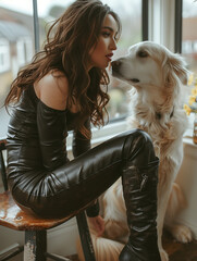 A young beautiful woman in leather attire shares a tender moment with her golden retriever dog, both gazing at each other by the window