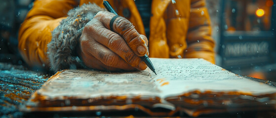 Close-up of a hand writing in a journal - obrazy, fototapety, plakaty