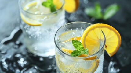 Soda water with lemon slices or citrus fruit and mint herbs