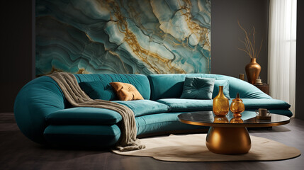 Interior Decor Inspired by Marble Texture and High-quality Material. A Turquoise Sofa of Comfortable Living Room 