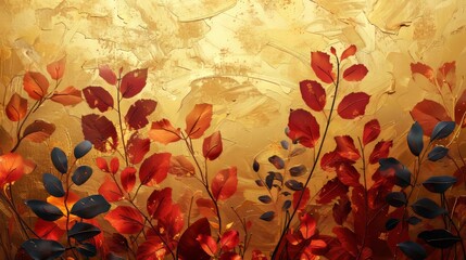 An abstract oil painting technique with flowers, leaves. The future is stylish on paper. A luminescent golden texture. Prints, wall papers, posters, cards, murals, carpets, decorations, wall