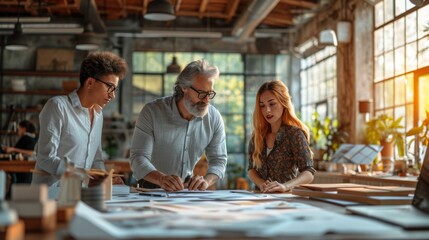 A dynamic shot of a team of architects collaborating on a sustainable building design  emphasizing green living and eco-conscious construction.