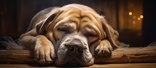 Obraz premium A giraffe-patterned dog peacefully sleeping on a wooden surface with its eyes shut