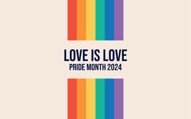 Pride Month banner with Pride Flag. LGBTQ Rainbow flag with Pride Month text. Love is Love 2024