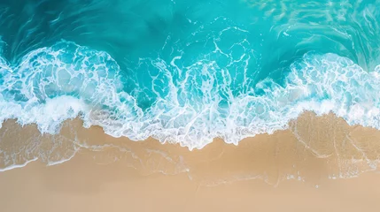 Fototapeten Serene Shoreline aerial view: Pristine Sandy Beach Meeting Gentle Turquoise Waves © Farnaces