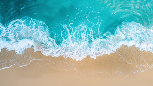 Serene Shoreline aerial view: Pristine Sandy Beach Meeting Gentle Turquoise Waves