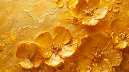 A simple abstract oil painting technique. Flowers, leaves. Artworks with luminous golden textures for wall papers, posters, cards, murals, carpets, decorations, wall paintings, and posters.