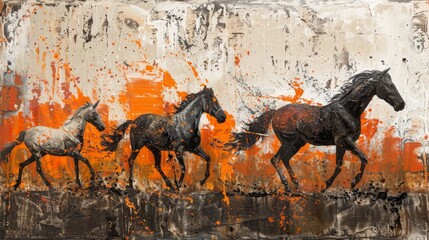 An abstract painting with metal elements, a texture background, animals, horses, etc.
