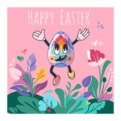 Easter poster with happy Holiday personage Groovy egg character among spring flower - 764804829