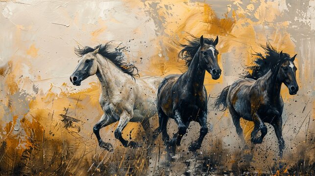 Painterly abstractions with metal elements, textures, horses, animals, etc.