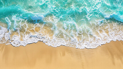 Fototapeta na wymiar Serene Shoreline aerial view: Pristine Sandy Beach Meeting Gentle Turquoise Waves