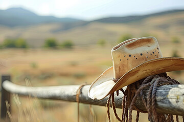 American West Rodeo, Cowboy Hat and Lasso on a Fence - obrazy, fototapety, plakaty