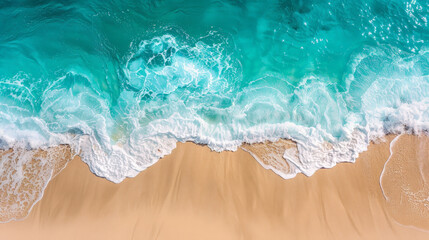 Naklejka premium Serene Shoreline aerial view: Pristine Sandy Beach Meeting Gentle Turquoise Waves
