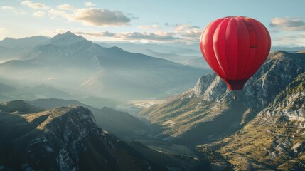 A hot air balloon floats gracefully in the sky, with a backdrop of towering mountain peaks. The colorful balloon stands out against the rugged landscape, creating a striking contrast in the scene.