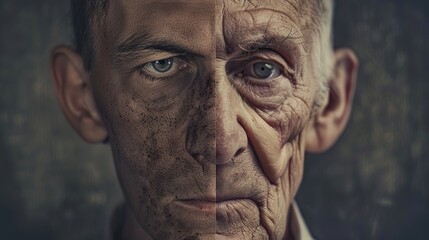  Background image of a man with one half of his face showing his youth and the other half showing his old age  - obrazy, fototapety, plakaty