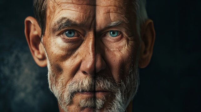  Background image of a man with one half of his face showing his youth and the other half showing his old age 