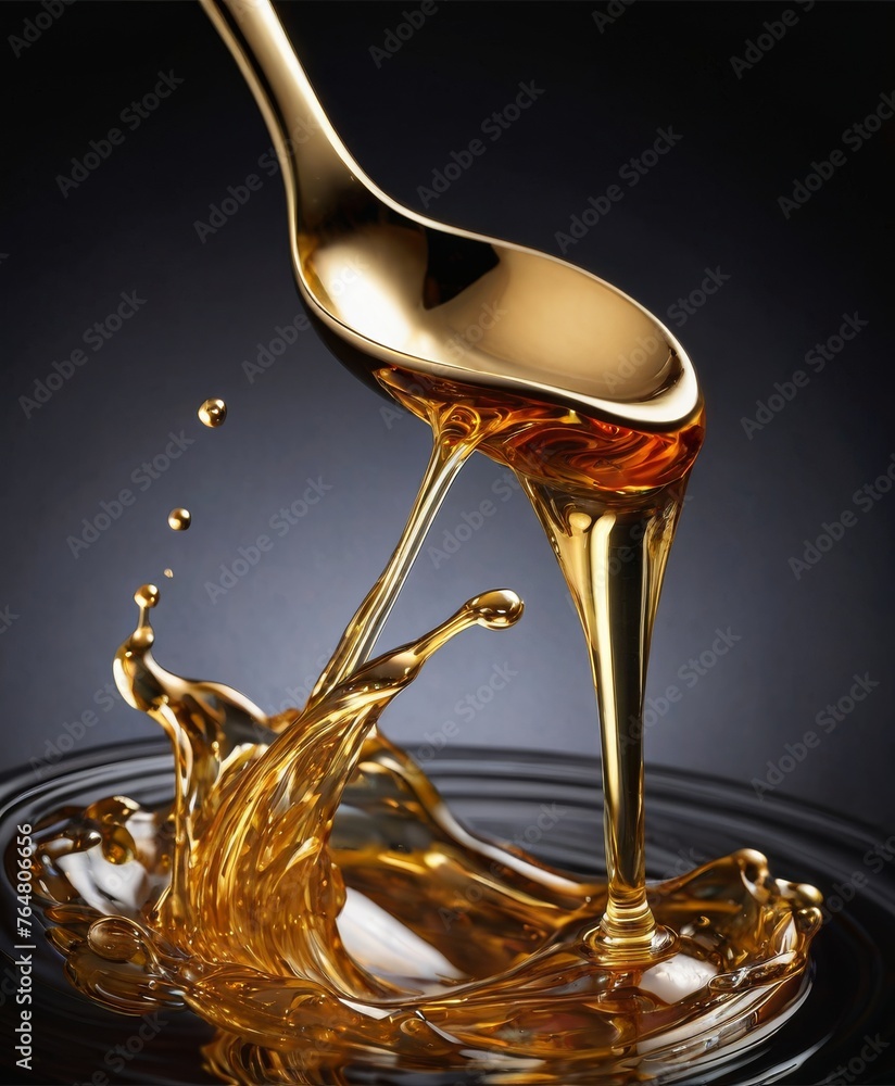 Poster captured in high-speed, a spoon lifts through a splash of honey, creating an intricate sculpture-lik