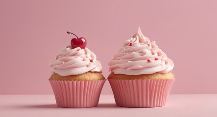 Tasty cherry cupcake on pink background