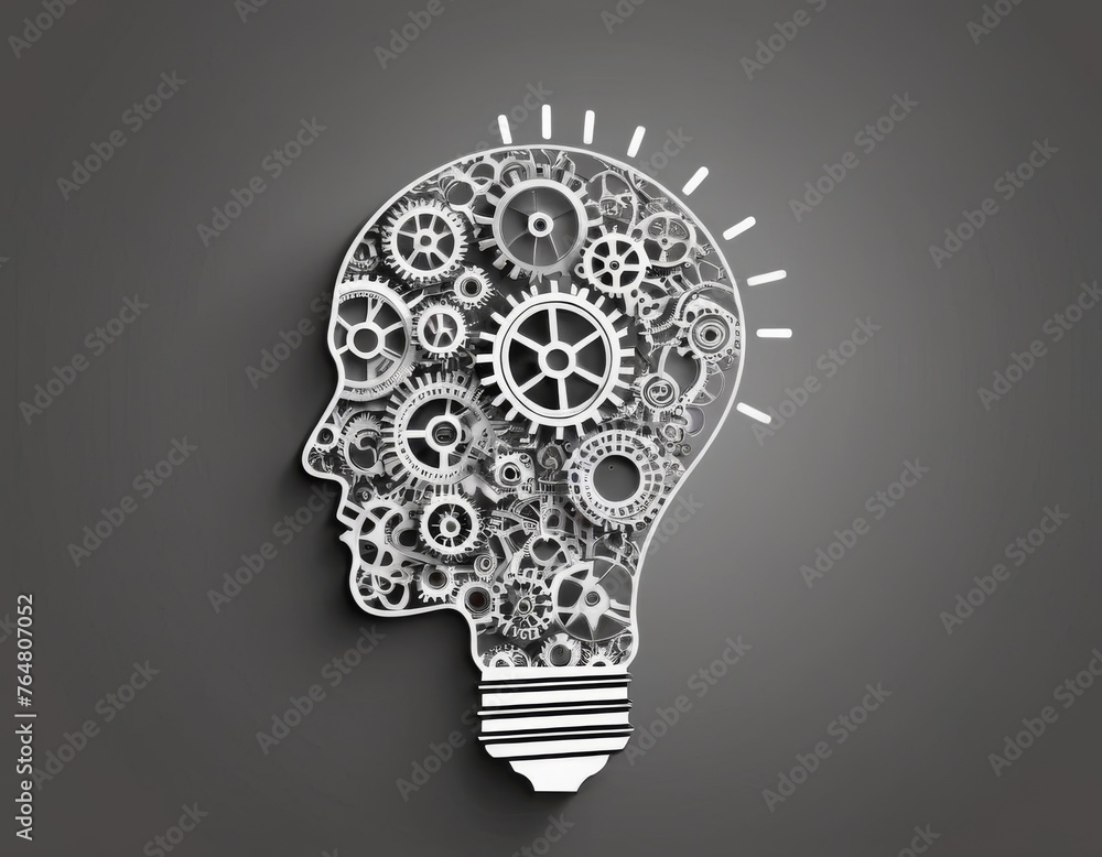 Poster conceptual design combining a human head silhouette with a lightbulb and gears, representing a brigh